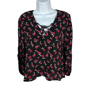 Forever 21 Womens Black & Red Floral Long Sleeve Lace-Up Blouse Medium